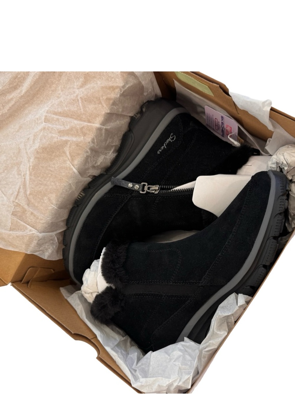 Skechers Black Suede Faux-Fur Zip Ankle Booties with Gray Sole - Picture 3 of 8